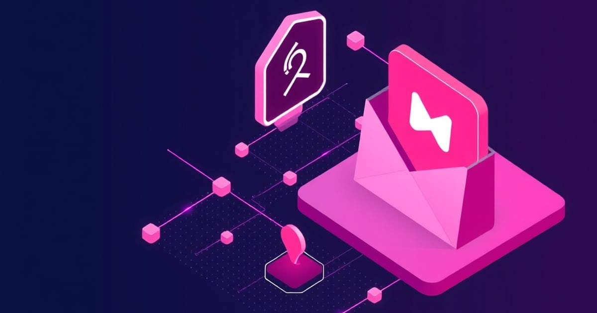 Isometric illustration of email aliases forwarding to a single private inbox, blocking spam