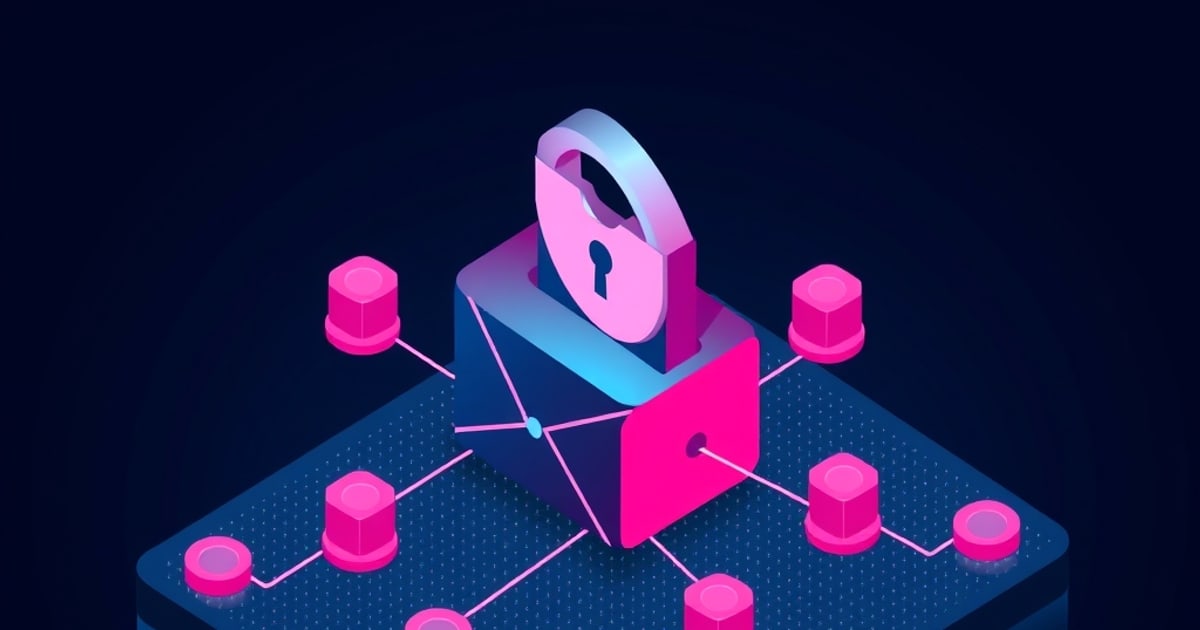 Isometric illustration of public-key cryptography: paired keys encrypting and decrypting email